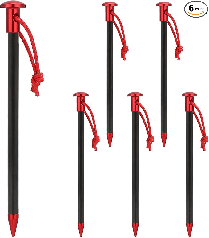 6 Pack Carbon Core Tent Stakes 6 Inch Ultralight Carbon Camping Stakes with Aluminum Shell Tent Pegs with Nylon Cord for Backpacking Hiking