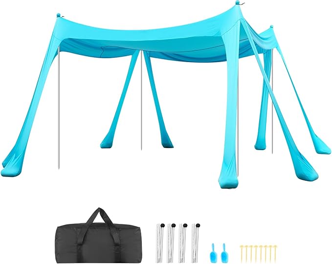 VEVOR Beach Tent Sun Shelter UPF50+ Sun Protection 6.6 ft Tall 10 x 10 ft Easy Pop Up Beach Canopy with Sandbags Stability Poles Sand Shovels Portable Shade for Family Camping Fishing Green