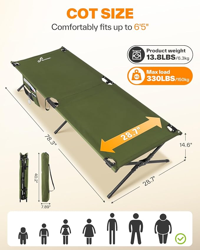 Sportneer Camping Cot 78.3x28.7x14.6 Portable Folding Bed for Adults with Storage Bag Support 330 LBS Compact for Outdoor Camping Travel Home Guest Room