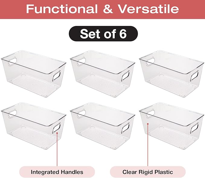 EXCELLO GLOBAL PRODUCTS 9.25 x 5.23 x 4.52 Rigid Plastic Clear Storage Bins for organizing and storing household goods food or Office supplies (Pack of 6)