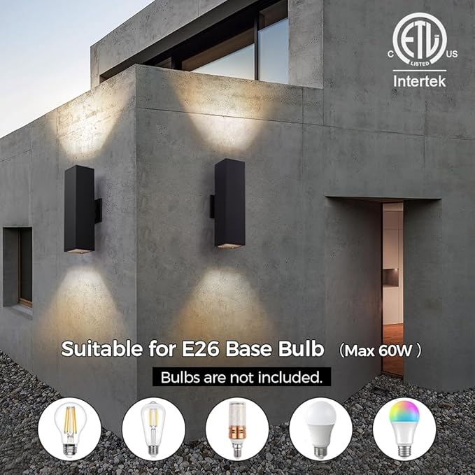 Cerdeco 2 Pack Aluminum Modern Outdoor Wall Light 15 Exterior Up Down Light FixturesBlack Front Door Wall Lighting with E26 Sockets [ETL Listed]