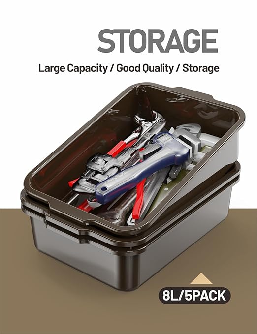 WYT 5-Pack Commercial Bus Tubs Box/Tote Box Brown Plastic Storage Bin with Handles/Wash Basin Tub (8 Liter)