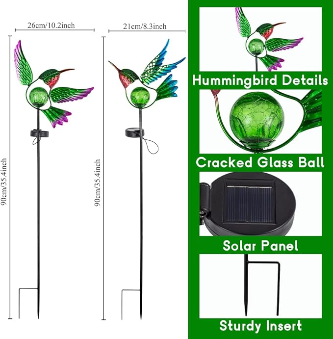 Hummingbird Solar Garden Lights with Stake 2 PackBird Pathway Solar Outdoor Crackle Glass Globe Light for GardenWalkwayPathwayYardLawn