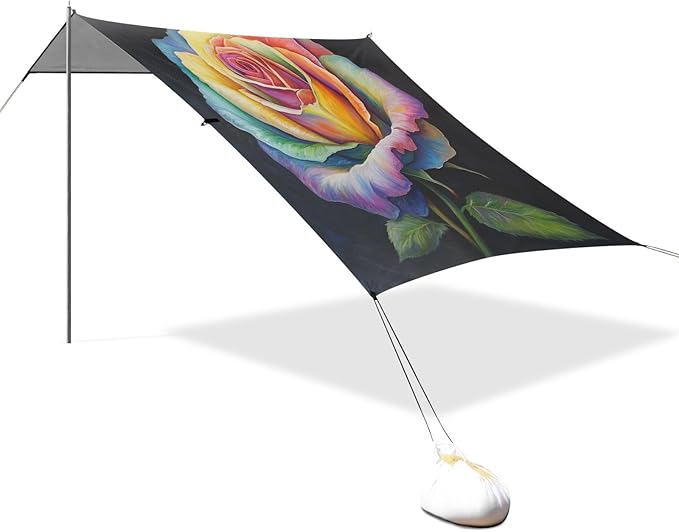 ALAZA Rainbow Rose Flower Watercolor Beach Tent Sun Shelter UPF50+ Protection Beach Shade Canopy w/ 4 Sandbags for Outdoor Camping Fishing Backyard Fun Picnic 10x9 ft