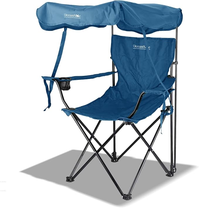 Living + Folding Camping Chair with Canopy Shade Beach Chair Steel Frame Cup Holder Portable and Lightweight Comfortable Design Sun Protection for Outdoor Beach Camping Picnic