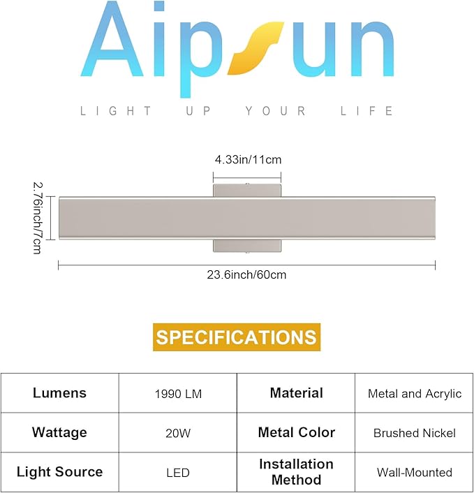 Aipsun 2 Packs Nickel Outdoor Wall Light 23.6inch Modern LED Exterior Wall Sconce Long LED Linear Exterior Lights 3000K 4000K 6000K for House Living Room Corridor(3CCT)