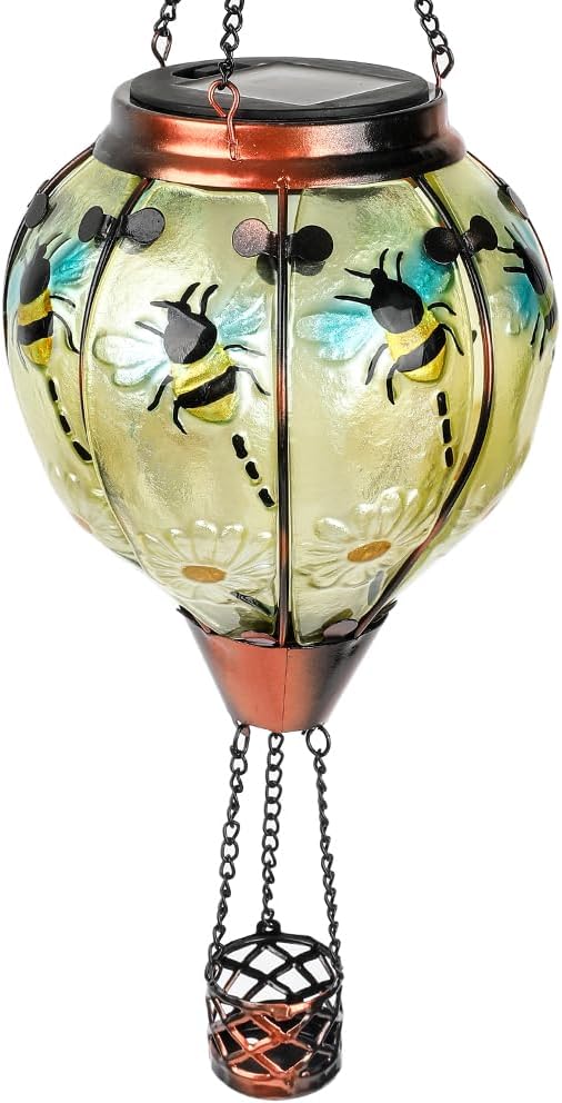 Hot Air Balloon Solar Lantern with Flickering Flame Glass Hanging Garden Lights Outdoor Waterproof for Tree Yard Patio Mother's Day Gift 18 H Bee