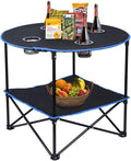 LEADALLWAY Folding Picnic Table Portable Outdoor Camping Table with 4 Cup Holders and Carrying BagsCollapsible Canvas Travel Table for Outdoor PicnicBarbecueTravelFishing (Black+Blue)