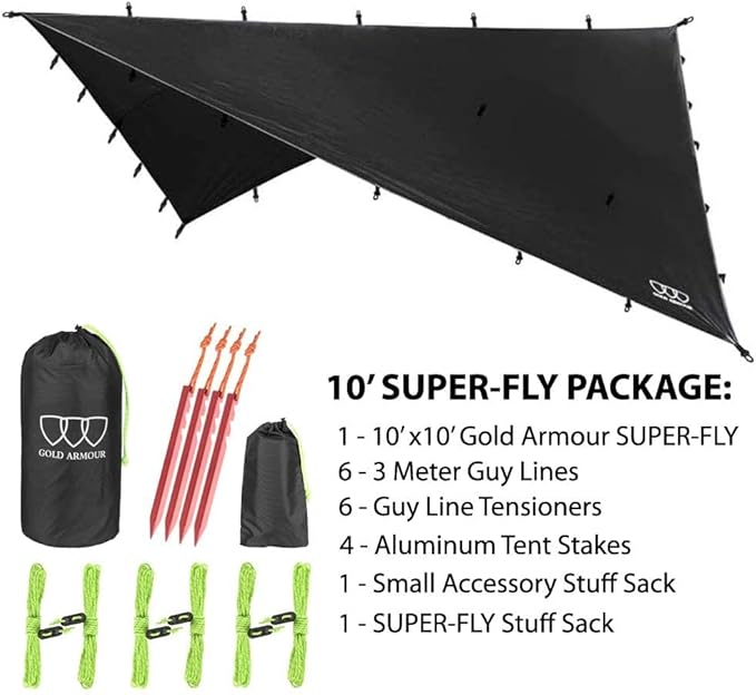 Gold Armour Rainfly Tarp Hammock Premium 14.7ft/12ft/10ft/8ft Rain Fly Cover Waterproof Ultralight Camping Shelter Canopy Survival Equipment Gear Camping Tent Accessories (Black 10ft x 10ft)