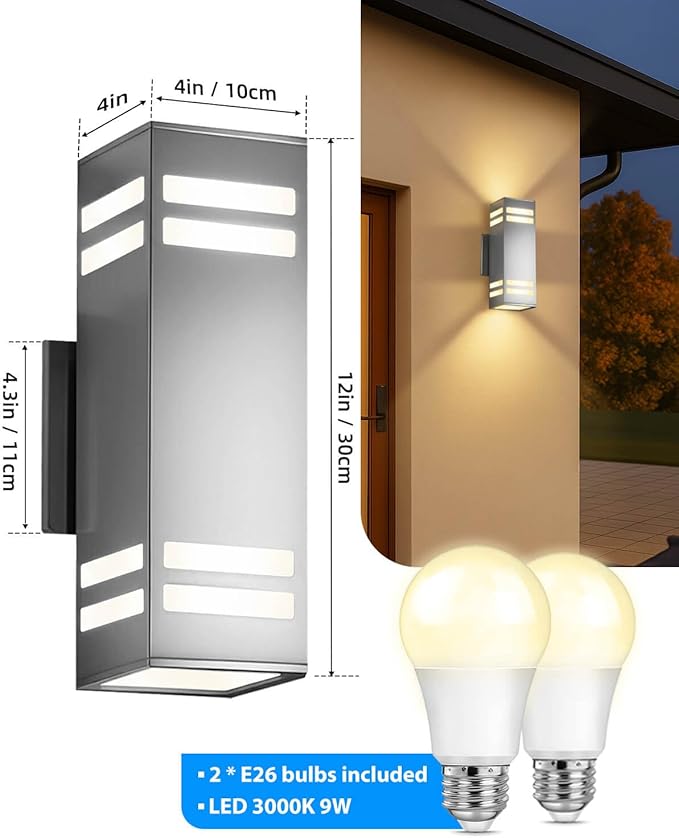 KIZON Modern Dusk to Dawn Outdoor Wall Light Stainless Steel Up and Down Sconce with E26 Base Includes 3000K Bulbs Waterproof Exterior Lighting Fixture for House Porch Garage Entryway