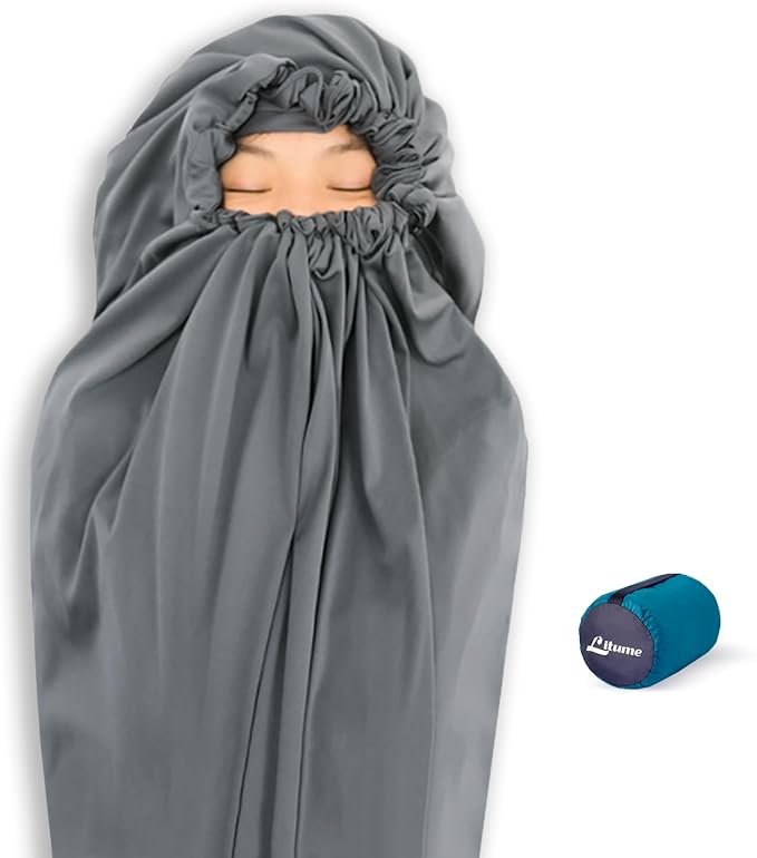 Litume Thermolite All Season Sleeping Bag Liner Add Up to 22°F / 12°C Mummy Sleeping Sack for Backpacking Camping Traveling for Cold Weather Winter Sleep Sack with Drawstring Hood (E626)