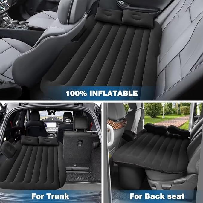 SUV Air Mattress - Thickened Double-Sided Travel Inflatable Car Bed With Electric Air Pump and 2 Pillows for Home Outdoor and Travel (Black)