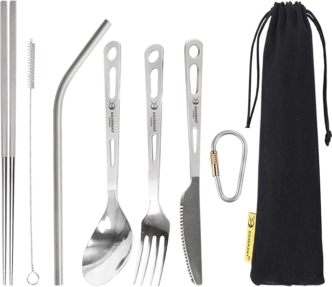 SILVERANT Titanium Camping Flatware Titanium Spork Spoon Chopsticks Knife Straw Cutlery Set PortableTableware for Lunch Box Outdoor &amp Hiking Comes with Drawstring Bag &amp Carabiner- Polished