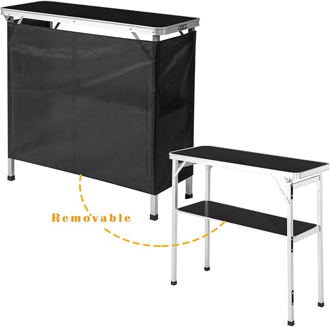 Folding Mobile Bar Table Tradeshow Podium Table with Carrying Bag Storage Shelf and Black Skirt Portable Bar Tables for Events Indoor Outdoor Party Picnic Camping 111 lbs Capacity (Black)