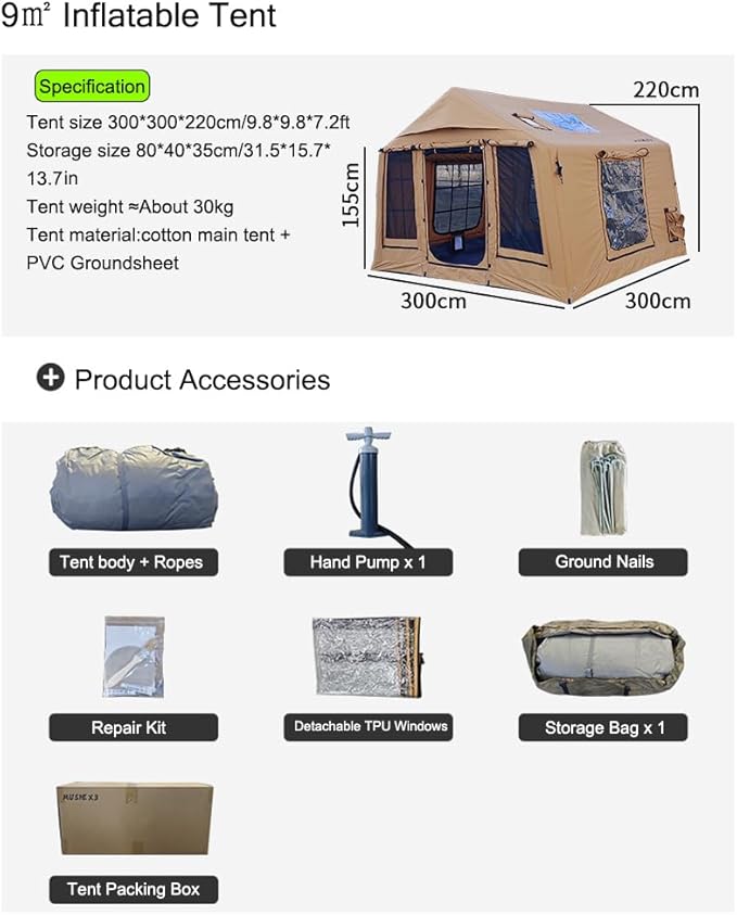 Cotton Canvas flatable Tent with Detachable TPU Windows and Pump2/3/4 Person Pop-Up Tent with Stove Jack Hole &amp Cable Hole