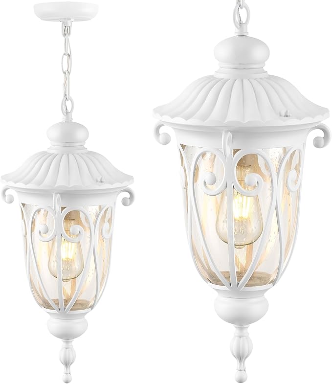 VIANIS Large Outdoor Pendant Light Lantern White Modern Outdoor Chandelier Handcrafted Hanging Outdoor Lights with Seed Glass Outdoor Ceiling Lights for Porch House Doorway Garden Entryway
