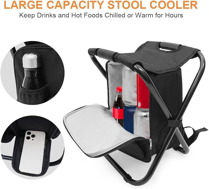Portable Folding Camping Stool Backpack with Cooler Bag Hiking Seat Outdoor Fishing Hunting Gifts Black