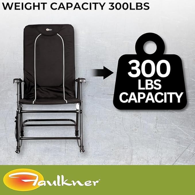 Faulkner Dakota Folding Rocking Chair Black Padded Seat and Backrest Lightweight Steel Frame Side Pouch 300 lb Capacity Foldable Outdoor Camping and Patio Chair
