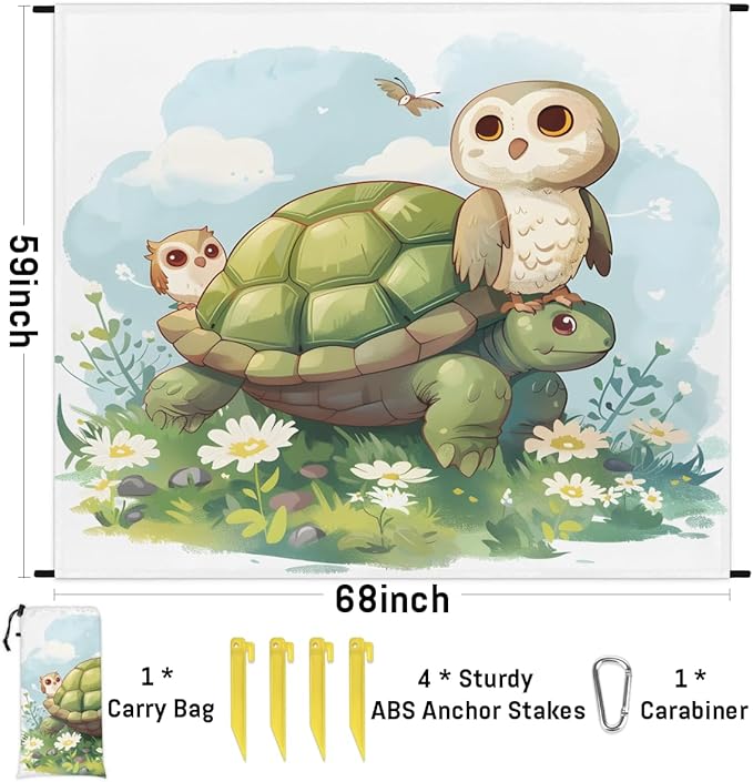 Waterproof Sandproof Beach Blanket 59''×68'' Turtle Polyester Outdoor Picnic Blanket with 4 Stakes &amp Storage Bag for BeachCampingVacation Green