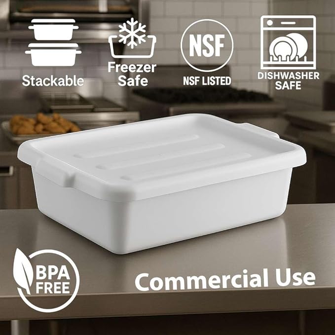 6-Pack 20 x 15 x 5 Commercial Bus Tub/Bus Box - 6.5 Gallons with Lid - Heavy-Duty Polypropylene Dish Box for Restaurants Kitchens and Foodservice - Stackable and Freezer-Safe - White