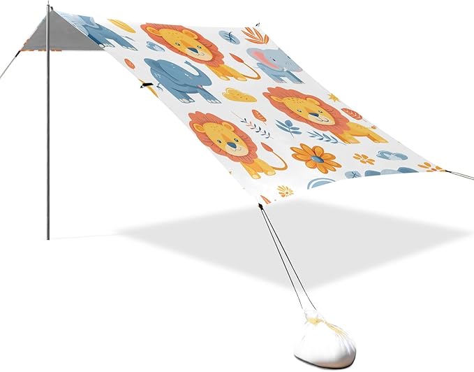 Lion and Elephant Kids Camping Sun Shelter Beach Tent Portable Beach Sun Shade Outdoor Canopy for Camping Trips Fishing Picnic