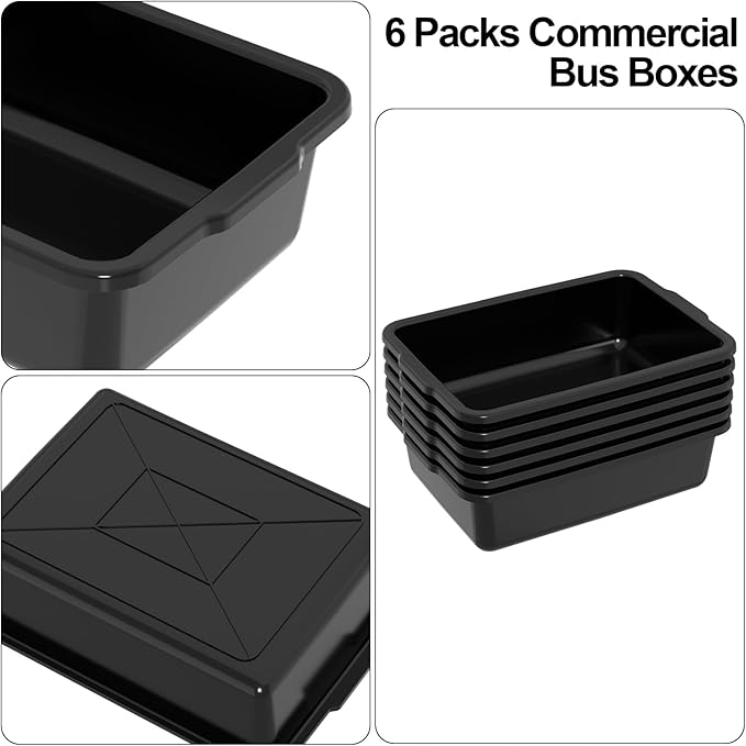23L Set of 6 Plastic Bus Box Commercial Bus Tub Tote Black