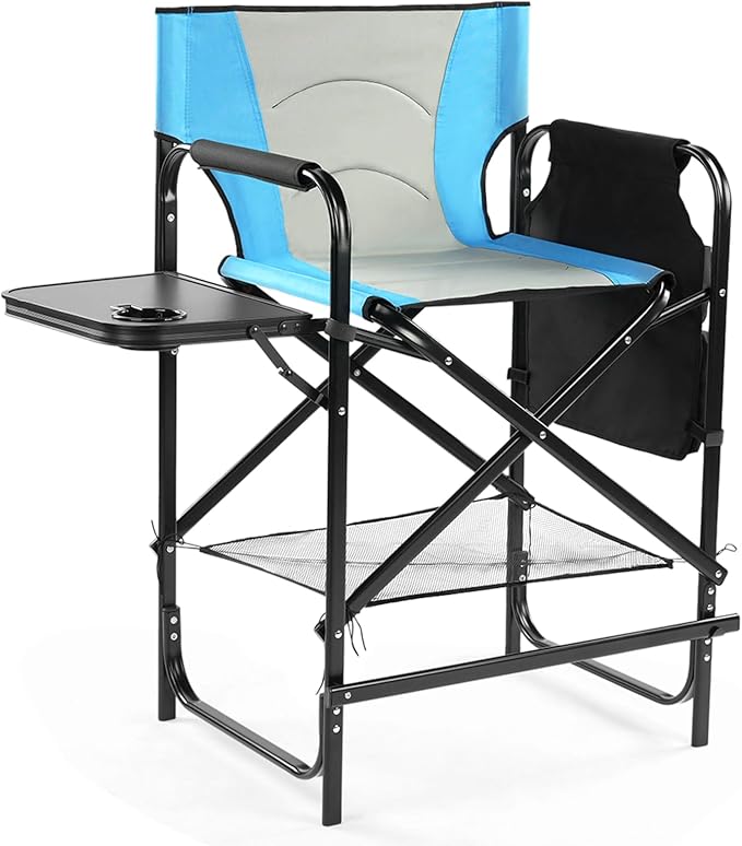 Tall Camping Directors Chair 26 Portable Folding Artist Makeup Chair with Side Table Pocket Footrest Concert Outdoor Foldable Camp Lawn Chairs (Blue)