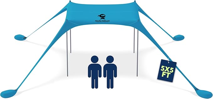 Sun Ninja Beach Tent Sun Shelter UPF50+ - Easy Pop Up Beach Canopy - Outdoor Shade for Camping Trips Fishing Backyard Fun Picnics - Sand Shovel Ground Pegs &amp Stability Poles