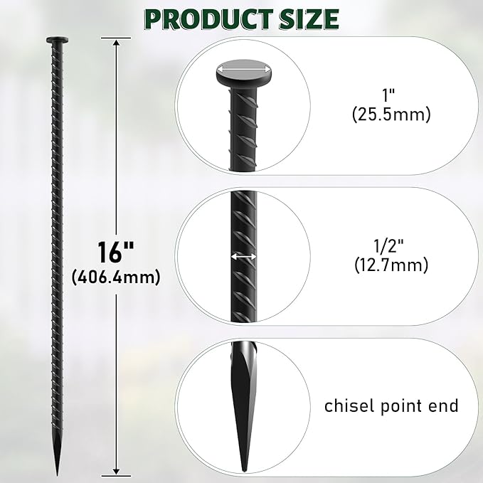 16 Inch Rebar Stakes - 1/2 Inch Diameter Galvanized Steel Ground Anchors Plant Support Metal Garden Stake Heavy Duty Anchoring Spikes for Speed Bump Parking Curb and Camping Tent (10 Pack)