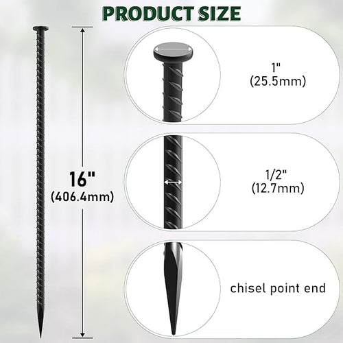 16 Inch Rebar Stakes - 1/2 Inch Diameter Galvanized Steel Ground Anchors Plant Support Metal Garden Stake Heavy Duty Anchoring Spikes for Speed Bump Parking Curb and Camping Tent (10 Pack)