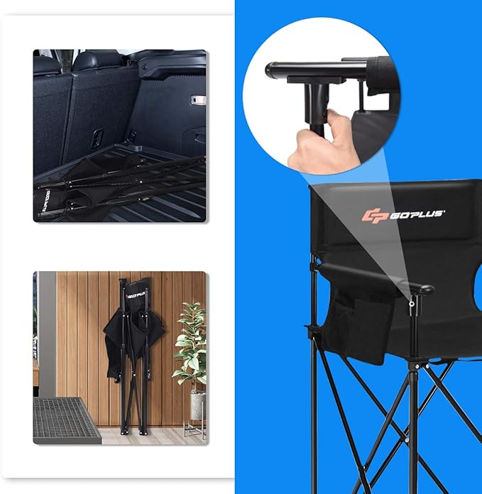 COSTWAY Folding Camping Chair 38.5” Height Portable Tall Directors Chair with Storage Pouches Detachable Armrests Carrying Bag for Fishing Picnic Lawn Black 250LBS Weight Capacity