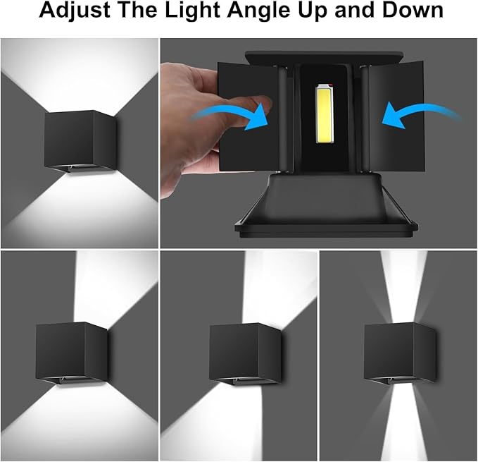 ledmo LED Wall Porch Light Up and Down Outdoor Modern Lights 20W Adjustable Wall Sconce IP65 Aluminum Black Square Wall Pack Lighting 6500K Waterproof Exterior for Yard House Patio Stair 2 Pack