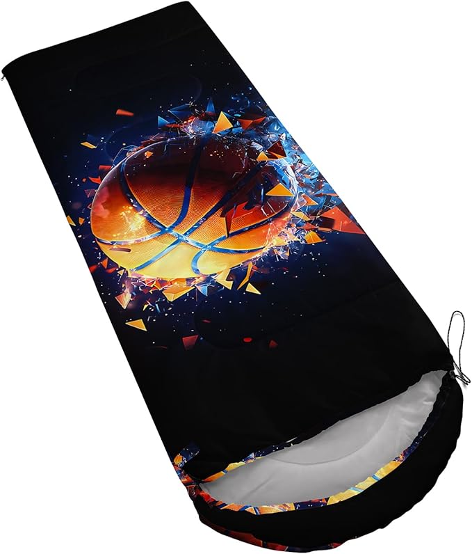 AILONEN Sports Basketball Sleeping Bag for Kids BoysWarm and Cool WeatherLightweightWaterproof Backpacking3D Galaxy Ball Print Sleeping Bag for Camping