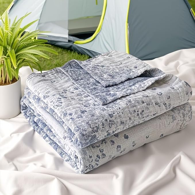 ITFRO Leopard Cooling 3 Layer Cotton Muslin Blanket for Hot Sleepers 80x92 Inches Lightweight Breathable Reversible Summer Camping Blanket All Seasons for Couch Sofa Bed (Leopard Blue 80x92)