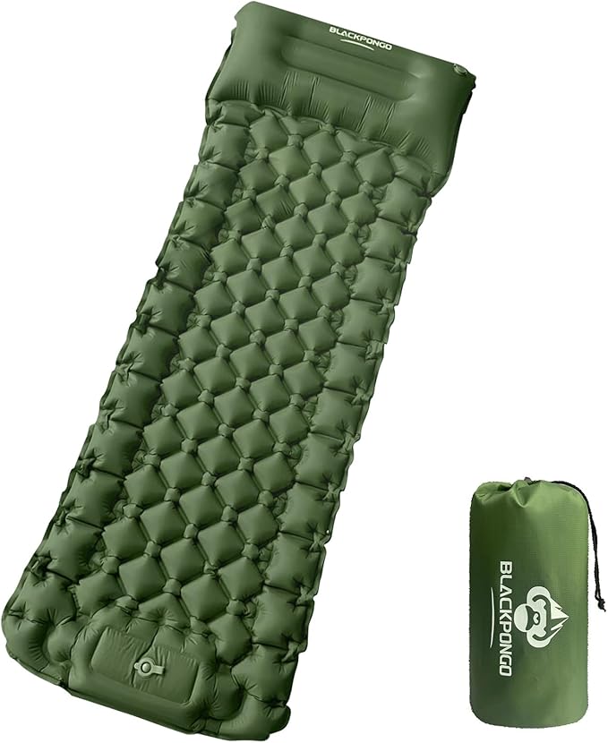Camping Sleeping Pad Ultralight Camping Mat with Pillow Built-in Foot Pump Inflatable Sleeping Pads Compact for Camping Backpacking Hiking Traveling Tent (Green Single)