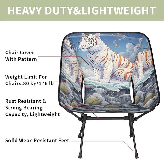 Portable Camping Chair Ocean Waves Tiger Ultralight Folding Camping Chair Backpacking Hiking Chair with Cup Holder for Outdoor Travel Beach Picnic Festival Compact Portable 176 lbs Capacity