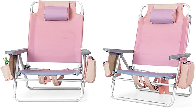 Backpack Beach Chair 5 Position Adjustable Camping Chairs with Head Pillow Cooler Bag Towel Bar Cup Holders Portable 2-Pack Folding Beach Chairs for Adults (Without Table Gradient Pink)