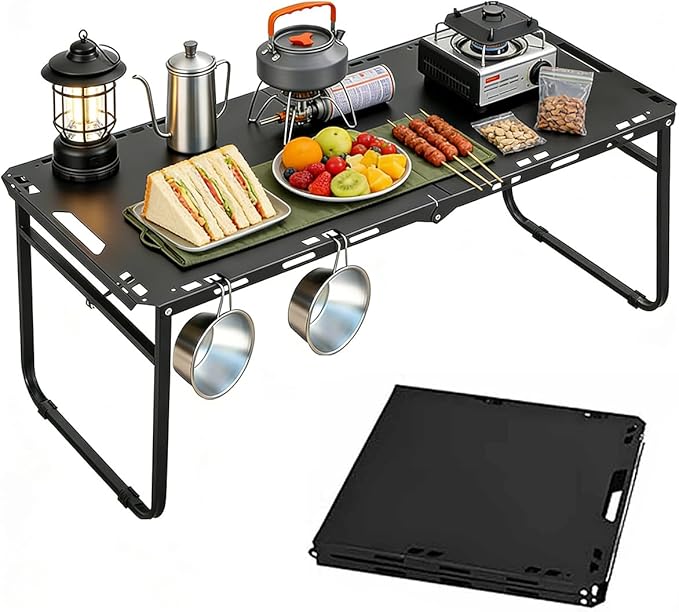 SoloWilder Foldable Camping Table with Gas Struts 3'5 Carbon Steel Large Outdoor Portable Table 11.8lb for Hiking BBQ Picnic