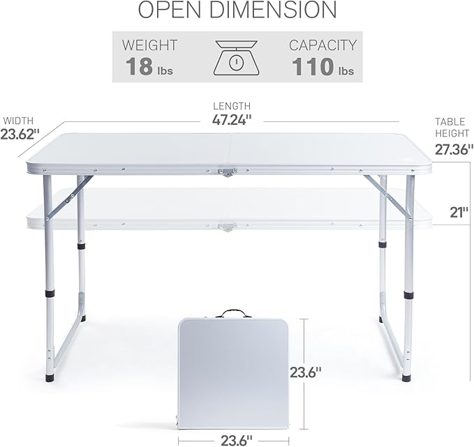 EVER ADVANCED Folding Camping Table with Storage 4 ft * 2 ft Aluminum Composite Desktop &amp Adjustable Legs Outdoor Kitchen Table for Tailgating Backyard BBQ and Picnic