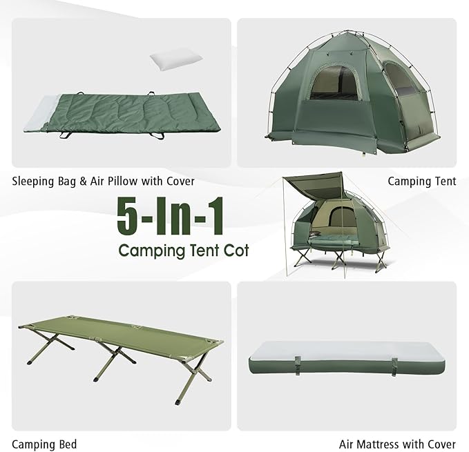 Tangkula 5-in-1 Tent Cot Combo With Awning Air Mattress Sleeping Bag Pillow Elevated Single Tent With Carrying Bag for Outdoor Camping Hiking Picnic Travel
