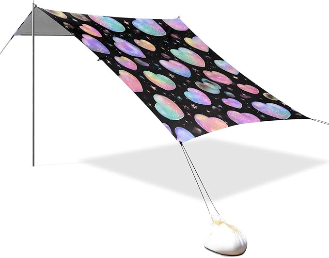 ALAZA Rainbow Heart Bubbles Beach Tent Sun Shelter UPF50+ Protection Beach Shade Canopy w/ 4 Sandbags for Outdoor Camping Fishing Backyard Fun Picnic 10x9 ft