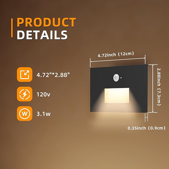 4 Pack Motion Sensor Stair Lights Indoor OutdoorDimmable Motion Activated Step Lamp 3000K/4000K/6000KHardwired 120V 4W IP65 Waterproof Outside Stairway LightLed Staircase Lights- Black