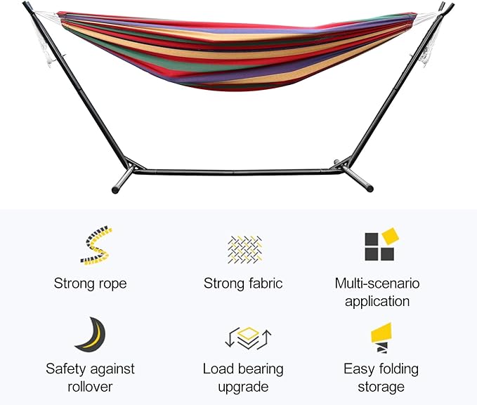 Double Hammock with StandBasics Double Hammock with Space Saving Metal Stand Indoor Hammock Stand with Carrying Bag Strong Load-BearingSuit for Outside Indoor Yard Camping Red