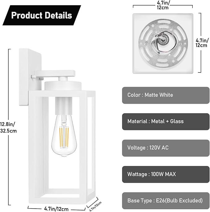 BesLowe Outdoor Wall Light Fixtures Exterior Waterproof Wall Lanterns Porch Sconces Lighting with E26 Sockets Modern White Outside Lights for House Patio Front Door Entryway 2-Pack