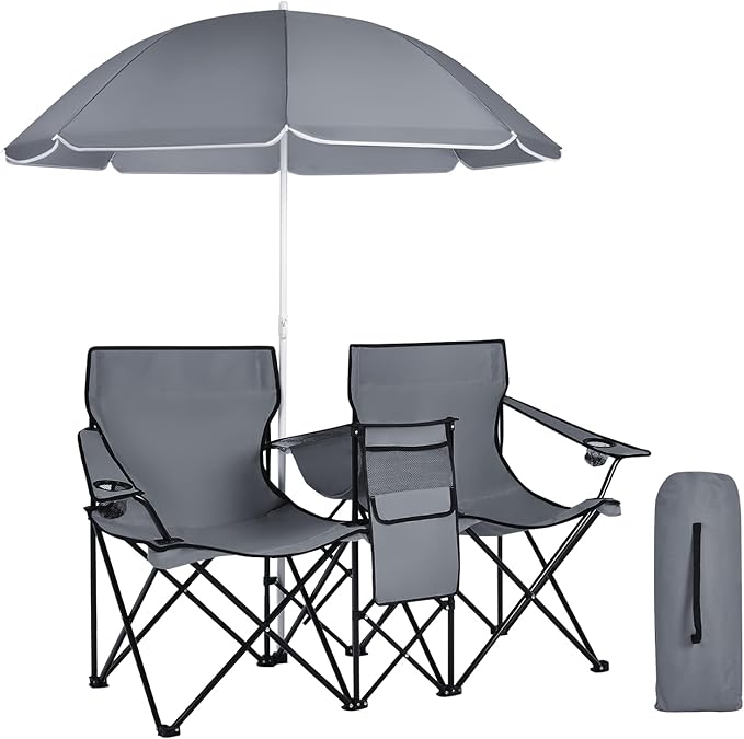 Beach Chair with Umbrella Portable Camping Chair with Cooler Bag Cup Holders Side Pocket Carrying Bag Double Folding Chair for Picnic Patio Canopy Outside (Gray)