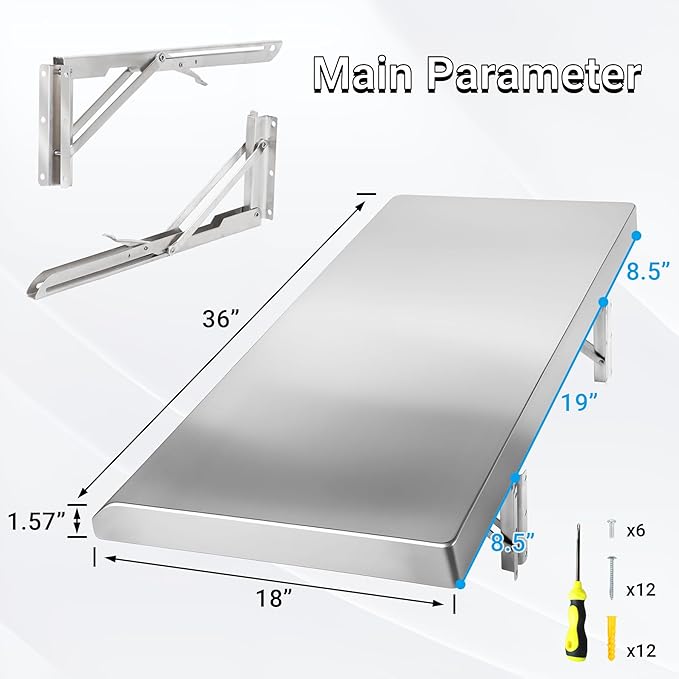 Folding Concession Shelf 36 x 18 Stainless Steel Drop Down Serving Food Shelf for Concession Windows