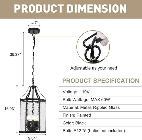 10 Modern 5-Light Exterior Black Lantern Pendant Light Fixture with Clear Rippled Glass Mini Industrial Hanging Cage Chandelier for Outdoor Kitchen Dining Room Hallway Entryway Foyer Porch