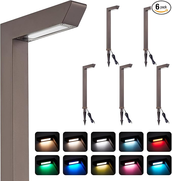 EZlumify Low Voltage Pathway Lights 12V 5W LED RGB Color Changing Wired Landscape Path Lights Outdoor for Walkway Driveway Garden of Christmas Halloween CRI90 Aluminum Bronze ETL Pack of 6