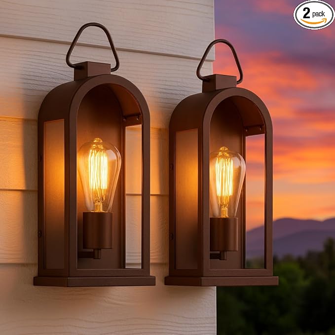 Vintage Outdoor Wall Light Fixtures (2 Pack) - Dark Brown Porch Lantern/Exterior Wall Sconce Glass Shade Sturdy Metal Frame Waterproof &amp Anti-Rust for Entryway/Garage/Patio/Doorway E26 Socket