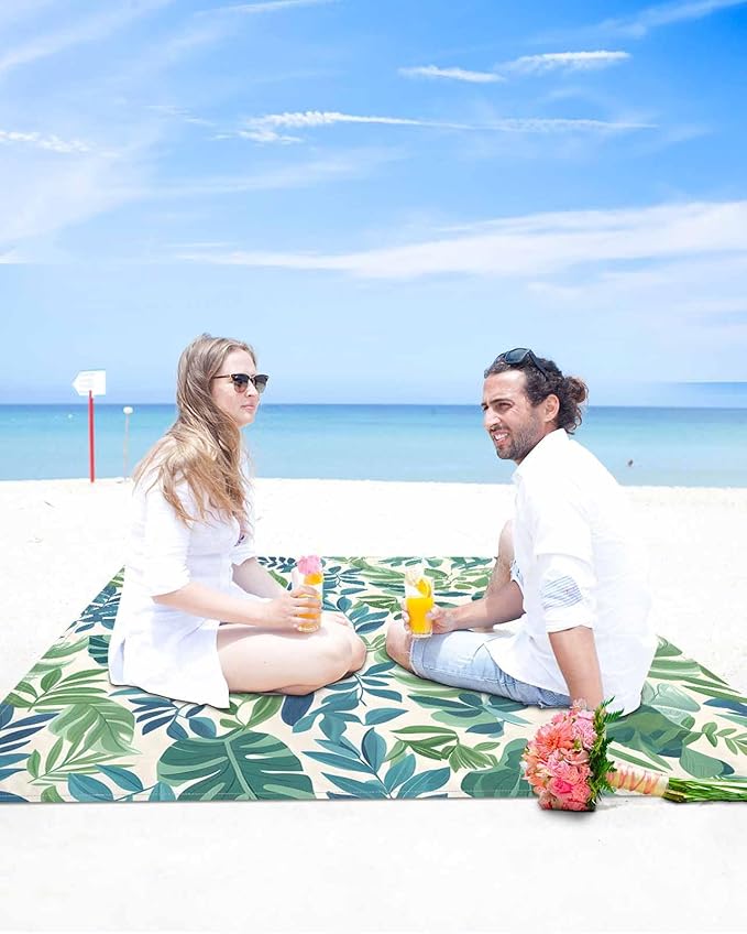 Summer Tropical Plant Beach Blanket Waterproof Sandproof Green Blue Leaf Pastoral Style Beach Mat Quick Drying Outdoor Picnic Mat 108 x 84 for 1-6 Adults Essentials for Travel Camping Hiking